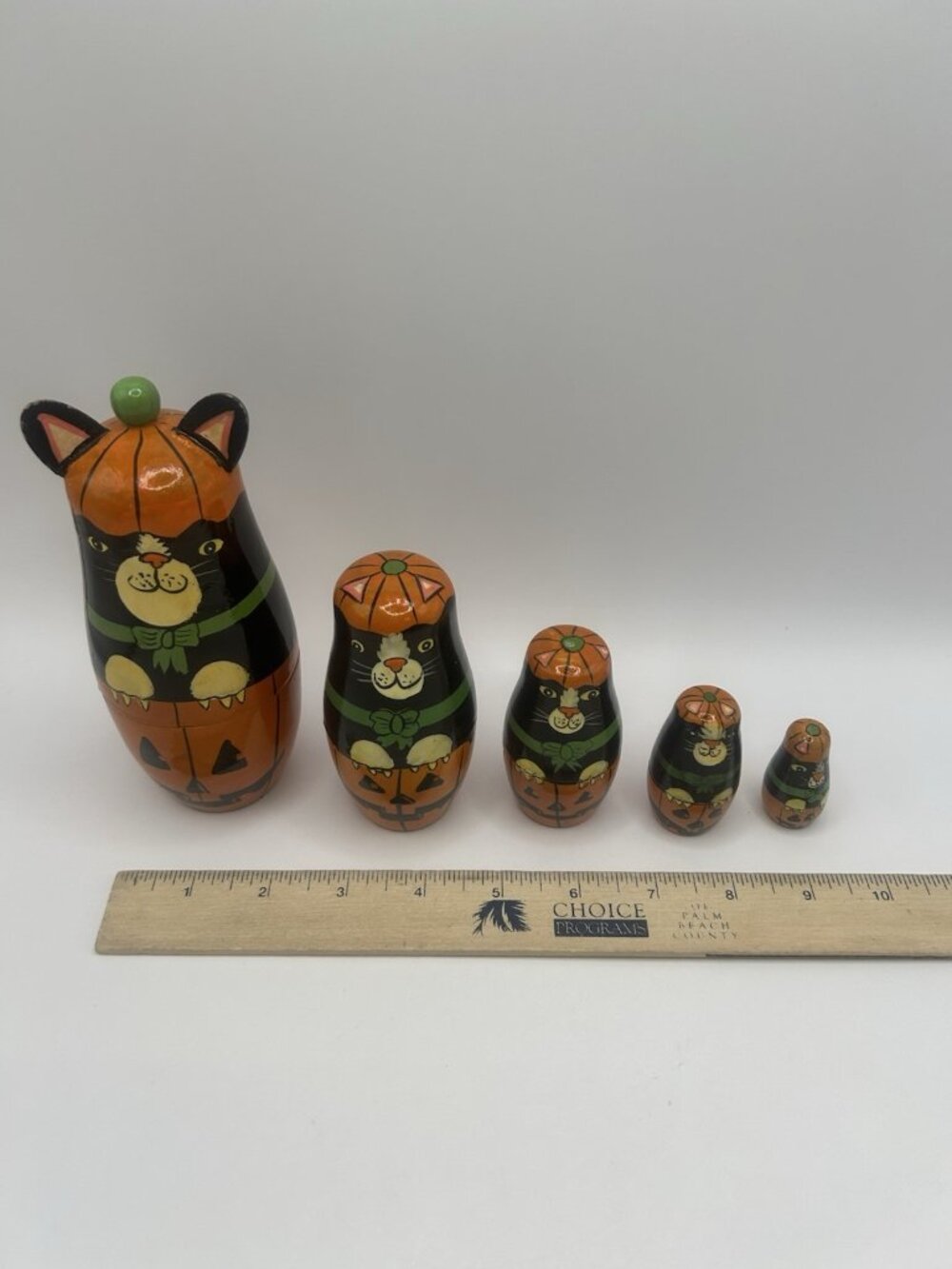 Halloween Kitty Cat Pumpkin Hand-Painted Wood Stacking Nesting Dolls Five Vtg - Picture 6 of 16